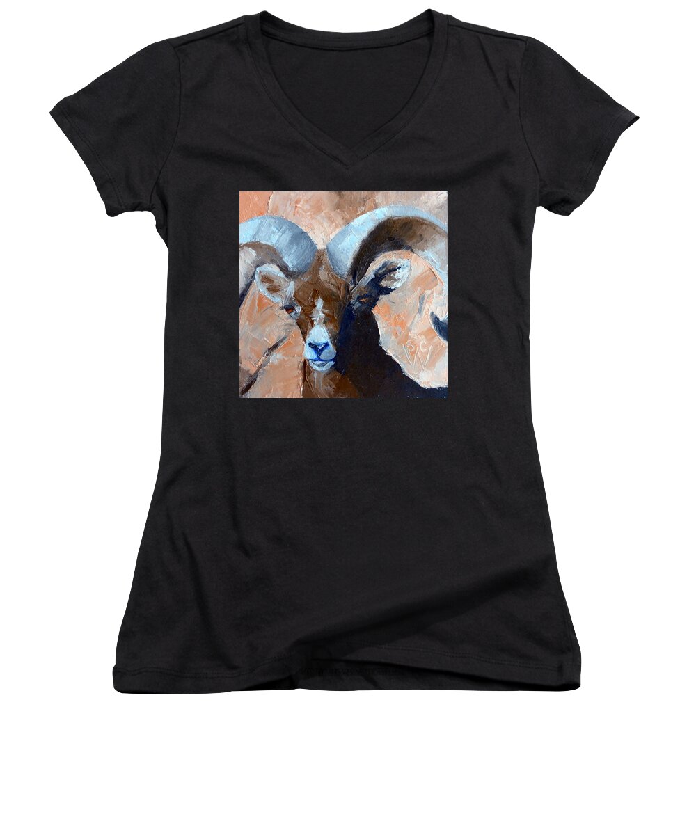 Oil Painting Women's V-Neck featuring the painting Bighorn Sheep #1 by Susan Woodward