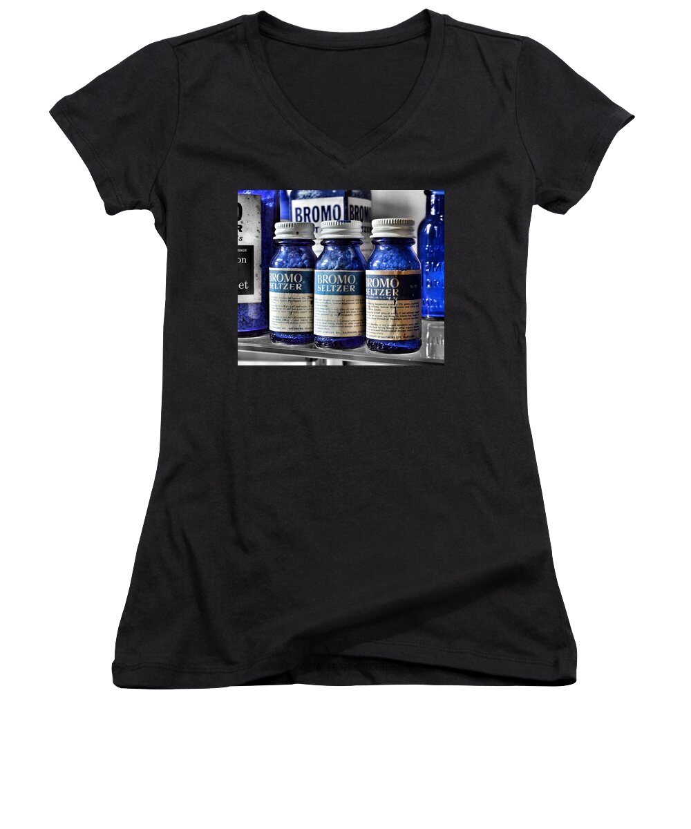Bromo Seltzer Vintage Glass Bottles Women's V-Neck featuring the photograph Bromo Seltzer Vintage Glass Bottles Collection #1 by Marianna Mills