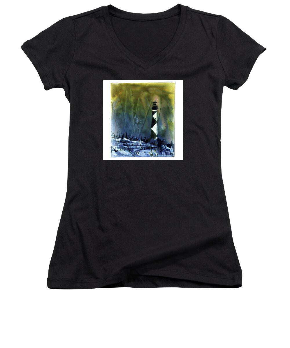 Lighthouse Women's V-Neck featuring the mixed media Cape Lookout Lighthouse #2 by Ryan Fox