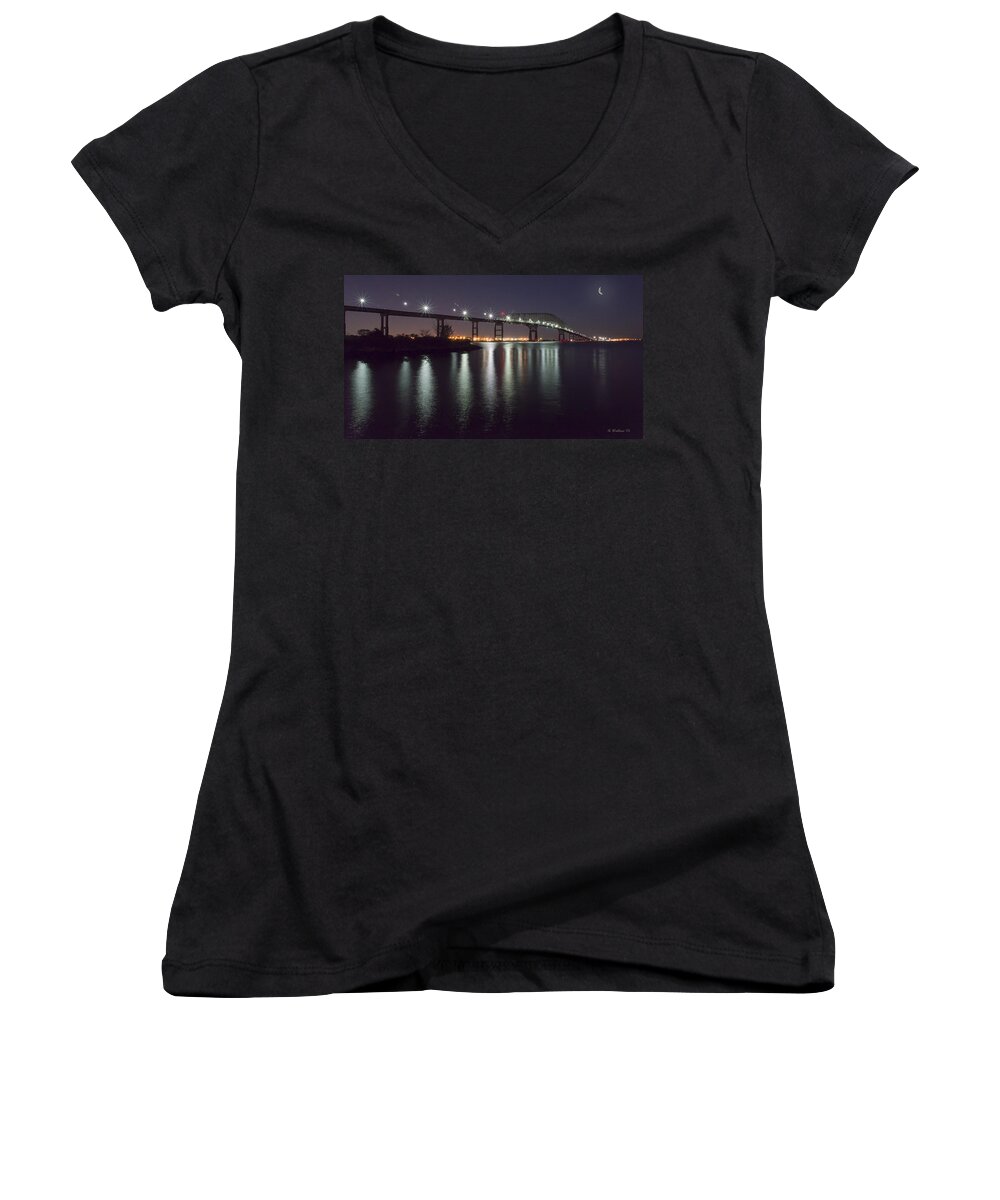 2d Women's V-Neck featuring the photograph Key Bridge At Night #1 by Brian Wallace