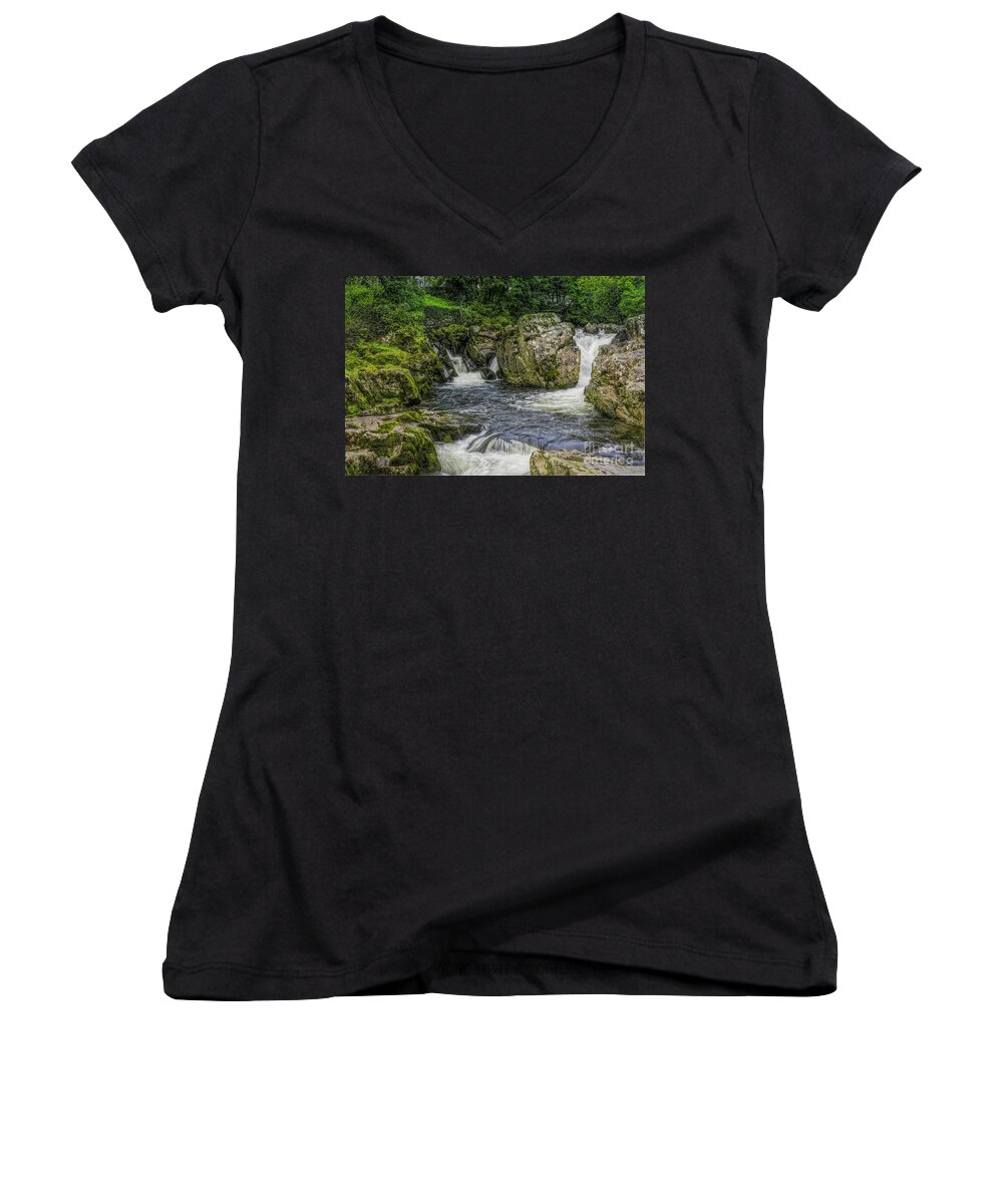 Snowdonia Women's V-Neck featuring the photograph Mountain Waterfall #1 by Ian Mitchell
