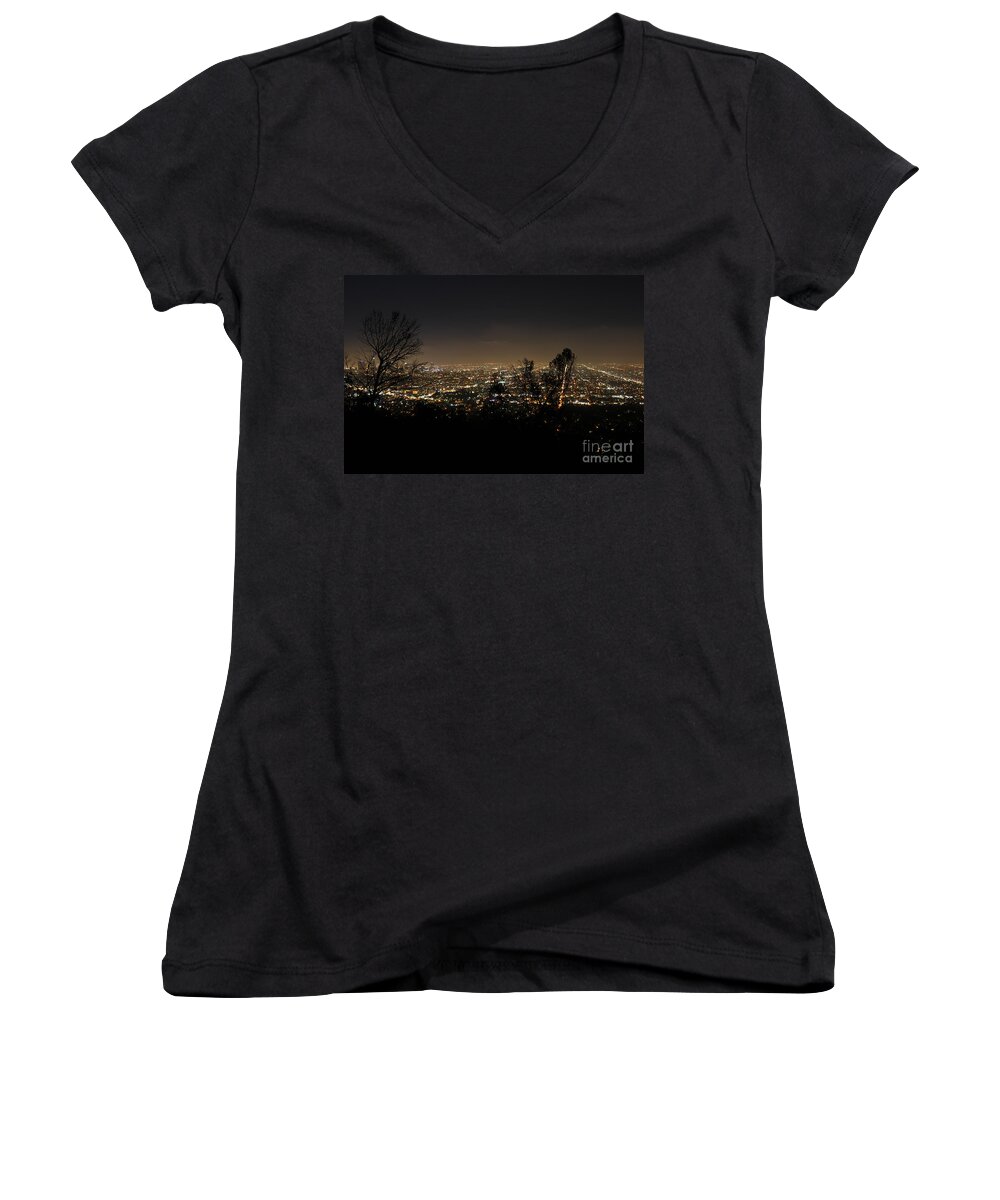Clay Women's V-Neck featuring the photograph Night At Griffeth Observatory #1 by Clayton Bruster