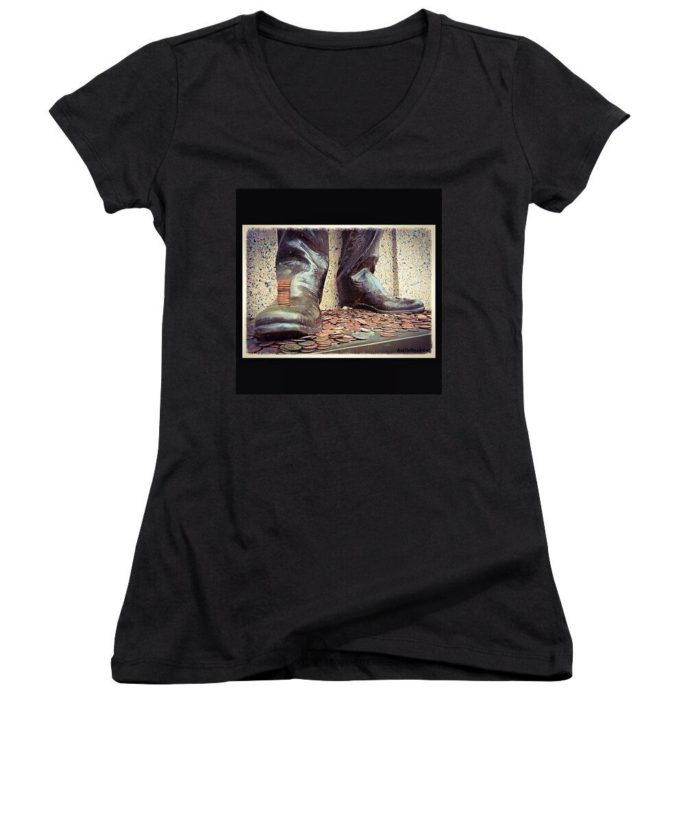 Collegelife Women's V-Neck featuring the photograph #pennies And A Good #luck #tradition At #1 by Austin Tuxedo Cat