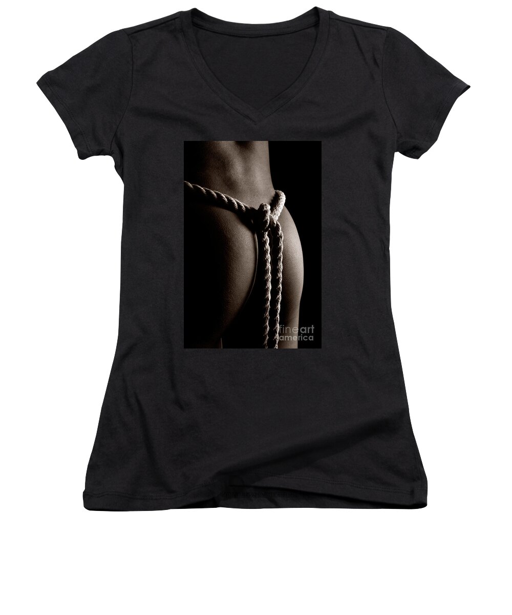 Nude Women's V-Neck featuring the photograph Rope Around Woman's Waist #1 by Maxim Images Exquisite Prints