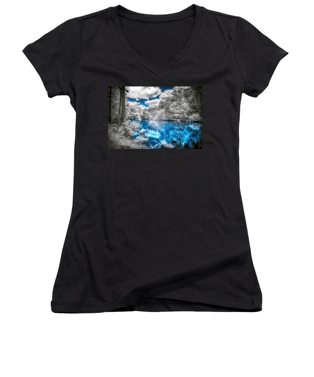 Santa Fe River # Infrared Photography# Reflections # North Central Florida # Usa # Landscape # Crystal-clear Springs # Reflections # North Central Florida # Alachua #rum Island # Pristine Spring # Peaceful #tranquil Women's V-Neck featuring the photograph Santa Fe River Reflections #2 by Louis Ferreira