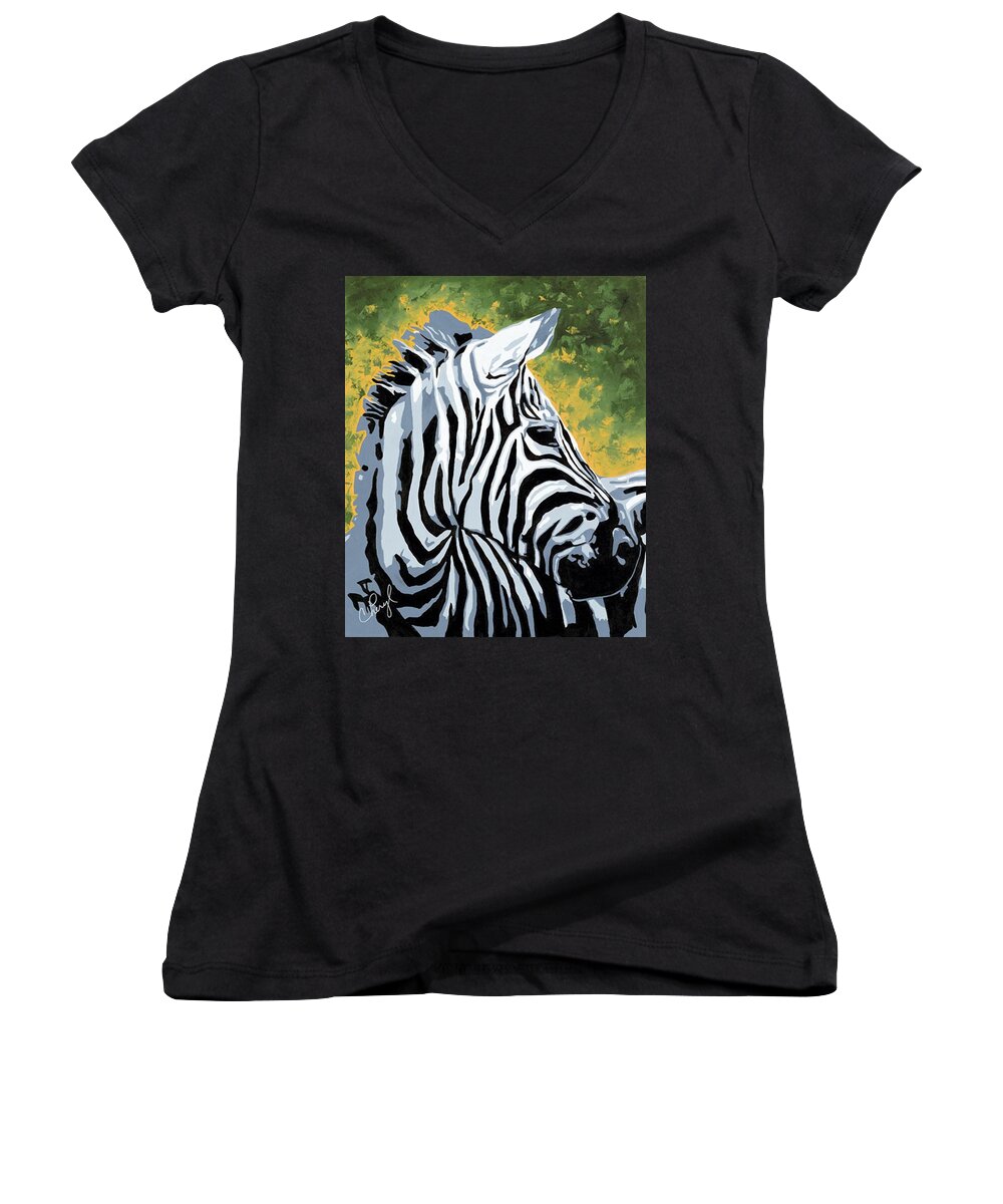 Zebra Women's V-Neck featuring the painting Soulful Glance by Cheryl Bowman
