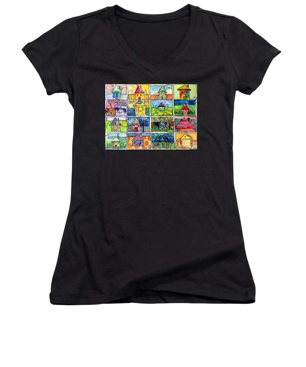 Houses Women's V-Neck featuring the painting The Little Houses by Mindy Newman
