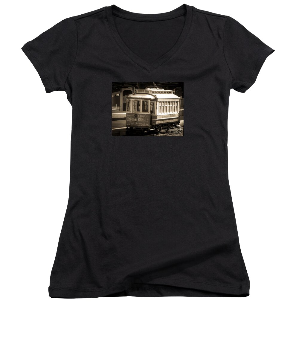Photoshop Women's V-Neck featuring the photograph Vintage Train Trolley by Melissa Messick