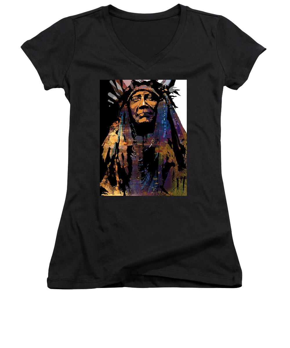 Native American Women's V-Neck featuring the painting Two Moons #1 by Paul Sachtleben