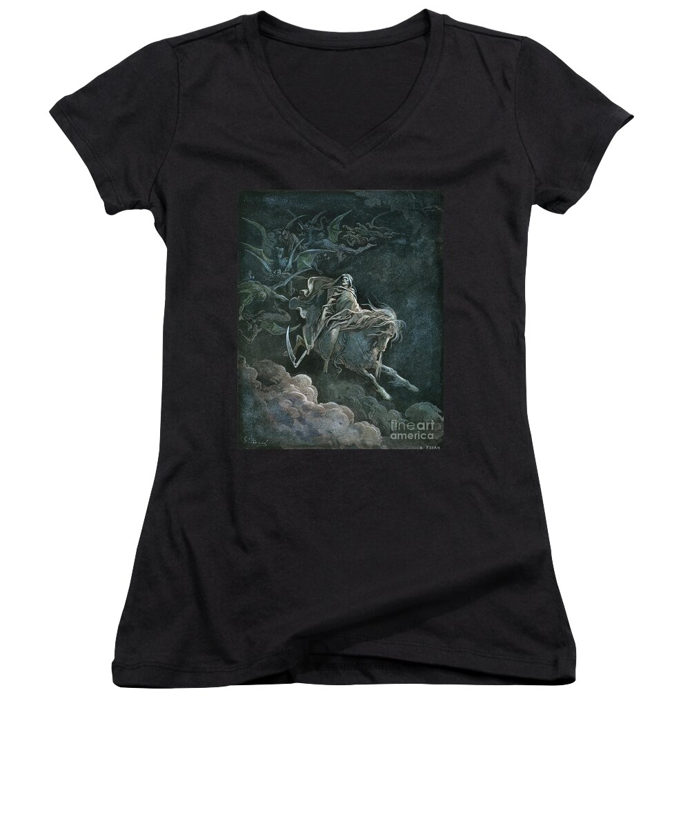 19th Century Women's V-Neck featuring the drawing Vision Of Death #1 by Gustave Dore