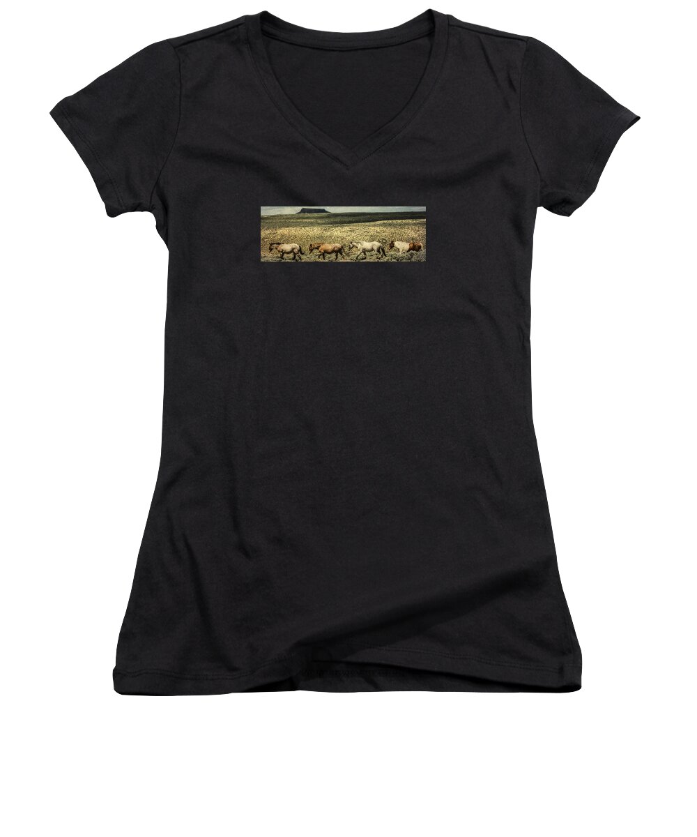 Architectural Photographer Women's V-Neck featuring the photograph Walking The Line at Pilot Butte #1 by Lou Novick