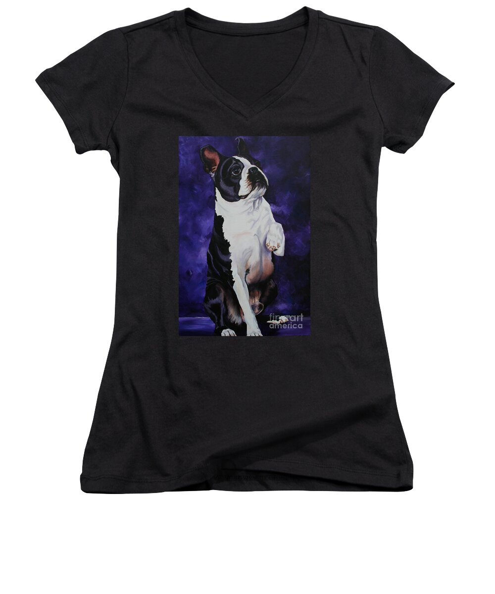 Boston Terrier Women's V-Neck featuring the painting Wave #1 by Susan Herber