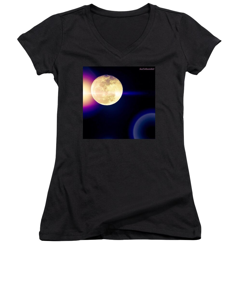 Beautiful Women's V-Neck featuring the photograph Wouldn't It Be Great If The #moon And #1 by Austin Tuxedo Cat