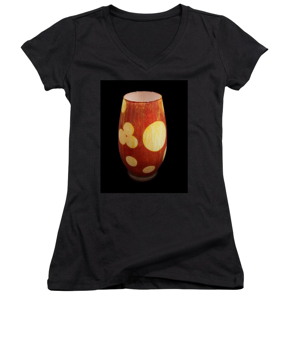 Vase Women's V-Neck featuring the glass art Yellow and White Vase #1 by Christopher Schranck