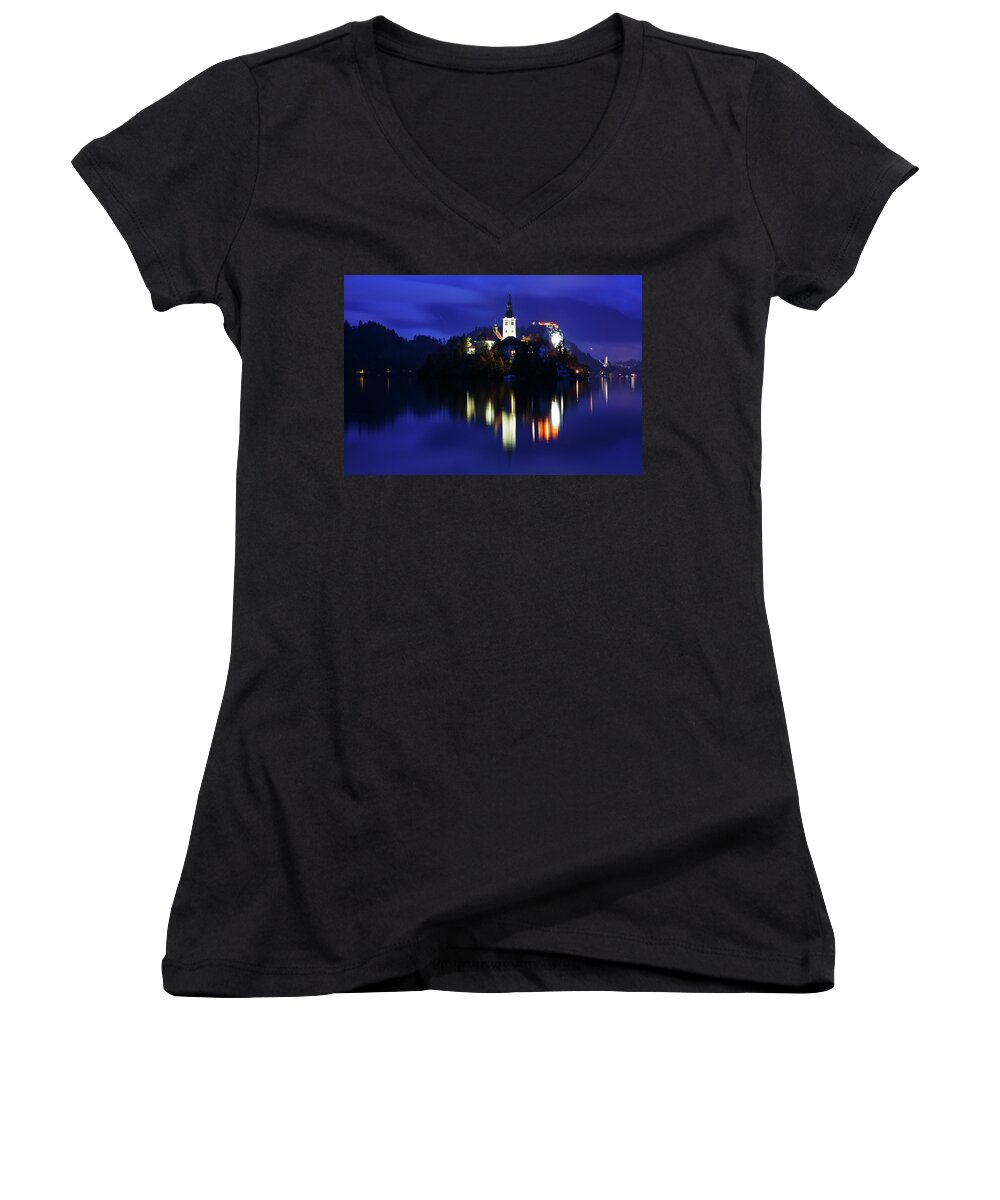 Bled Women's V-Neck featuring the photograph Dusk over Lake Bled #13 by Ian Middleton