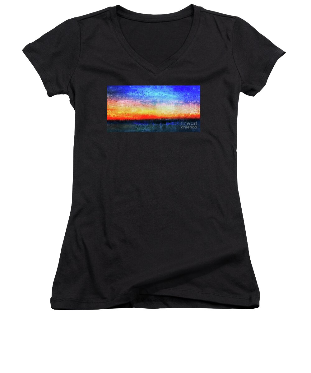 Abstract Women's V-Neck featuring the painting 15a Abstract Seascape Sunrise Painting Digital by Ricardos Creations