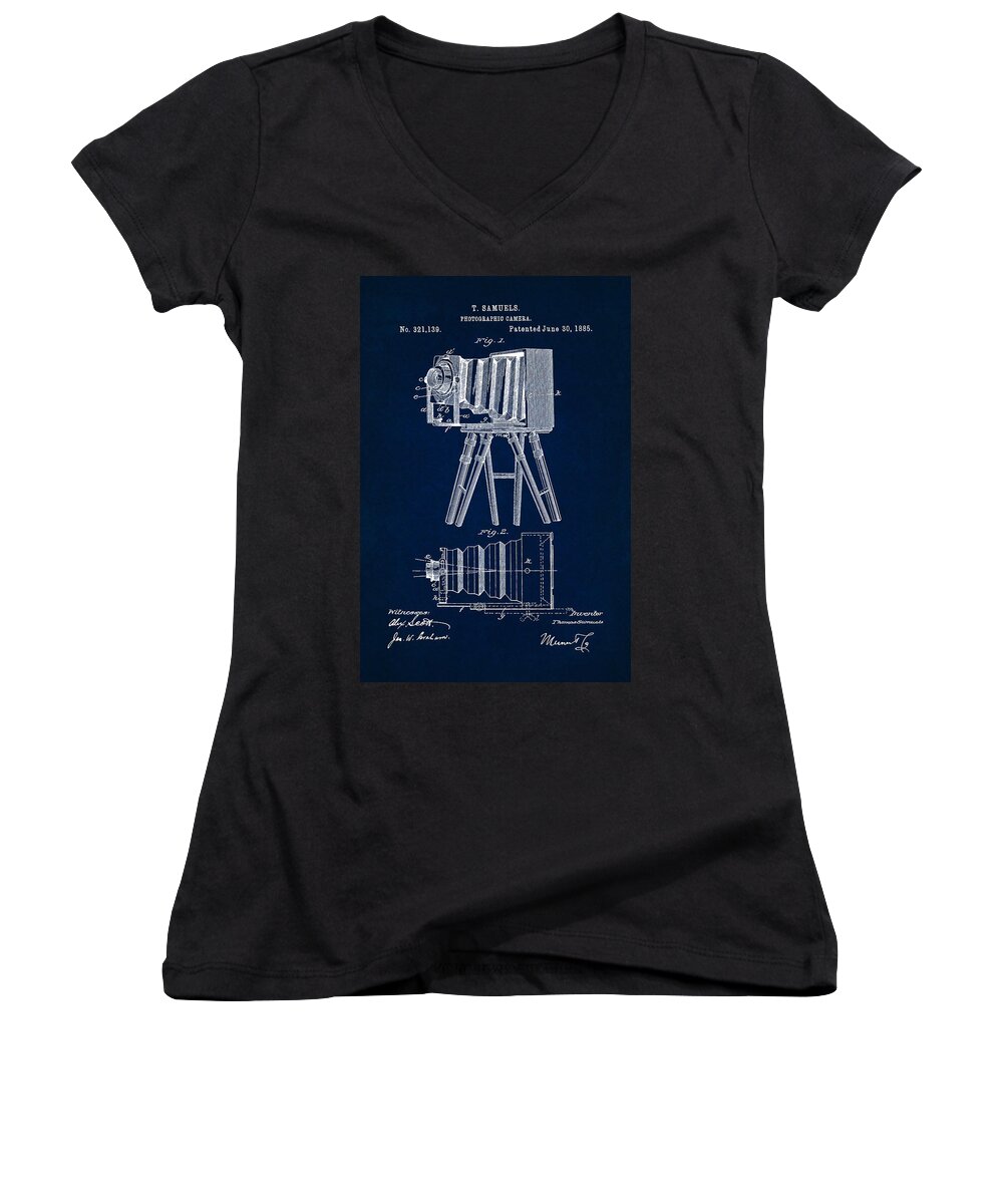 Patent Women's V-Neck featuring the digital art 1885 Camera US Patent Invention Drawing - Dark Blue by Todd Aaron