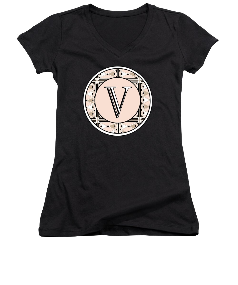 Art Deco Women's V-Neck featuring the digital art 1920s Pink Champagne Deco Monogram V by Cecely Bloom
