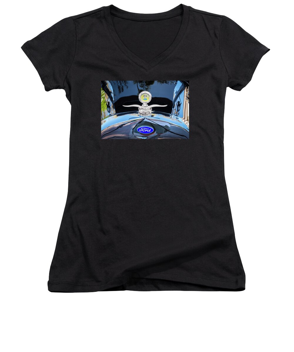1929 Ford Model A Women's V-Neck featuring the photograph 1929 Ford Model A Hood Ornament by Rich Franco