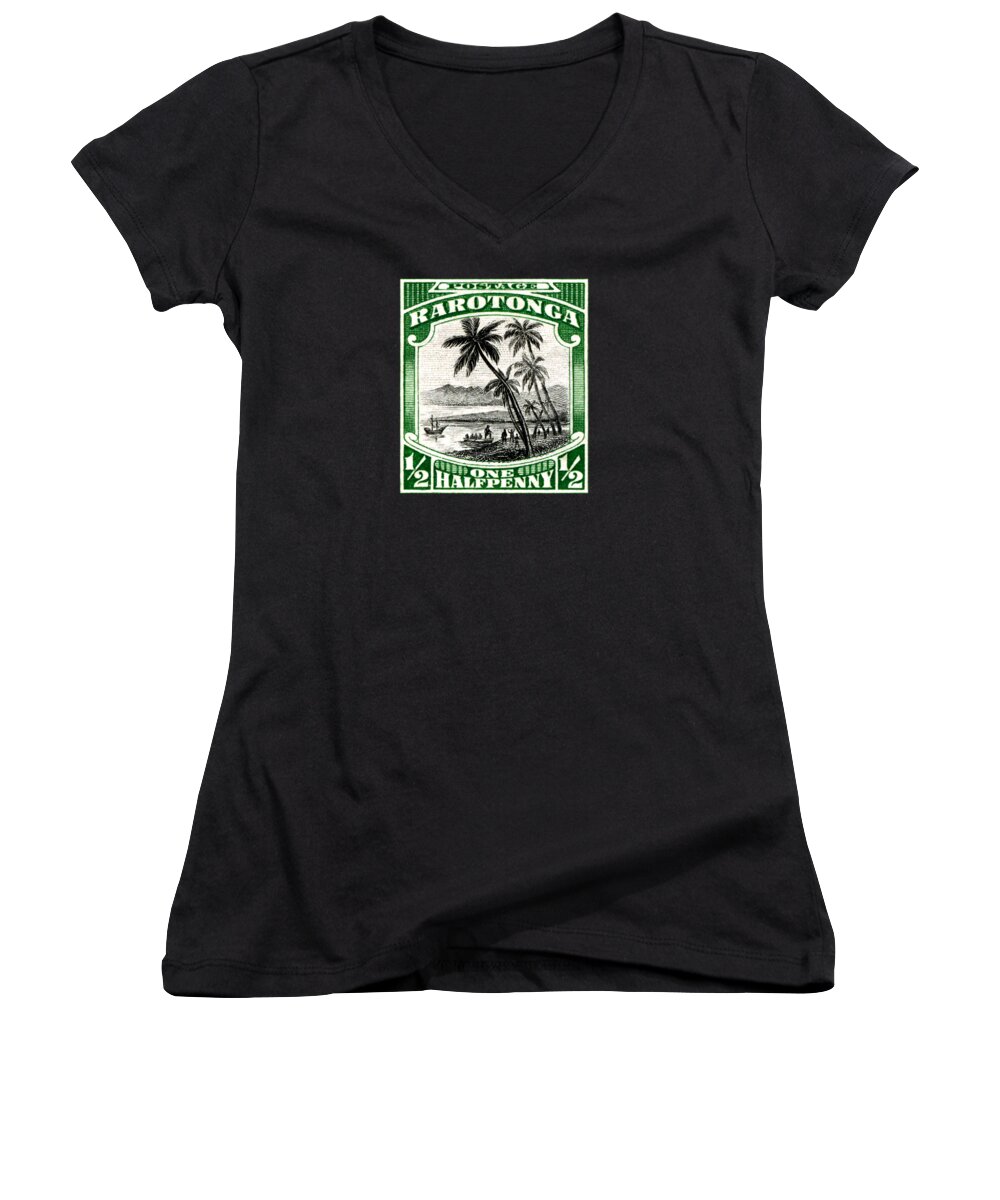 Cook Islands Women's V-Neck featuring the painting 1932 Landing of Captain Cook Stamp by Historic Image