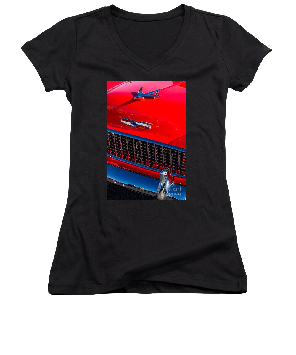 1957 Chevy Hood Ornament Women's V-Neck featuring the photograph 1957 Chevy Hood Ornament by Aloha Art
