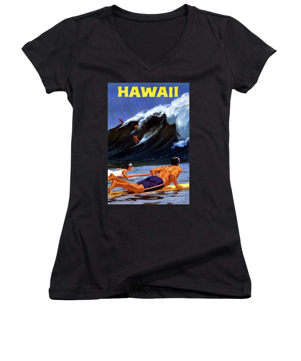 Vintage Women's V-Neck featuring the painting Hawaii Vintage Travel Poster Restored #2 by Vintage Treasure