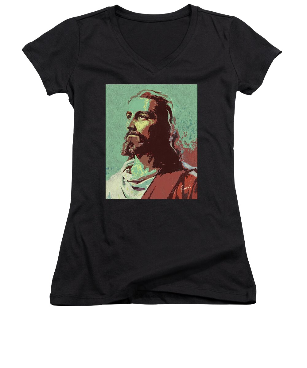 Jesus Women's V-Neck featuring the digital art Jesus #2 by Charlie Roman