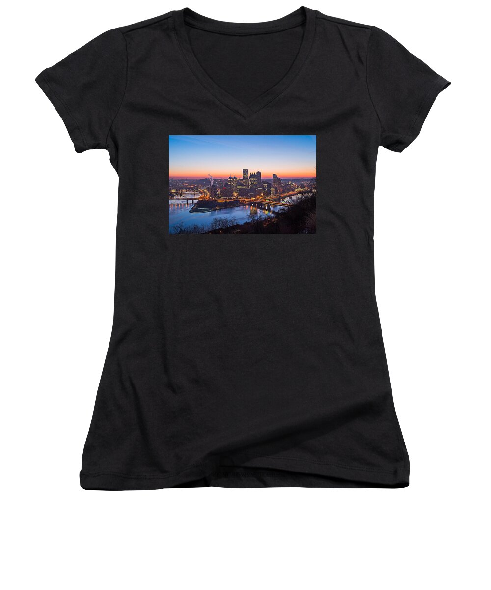 Sky Women's V-Neck featuring the photograph The Pittsburgh City Skyline At Sunrise In Pennsylvania #2 by Alex Grichenko
