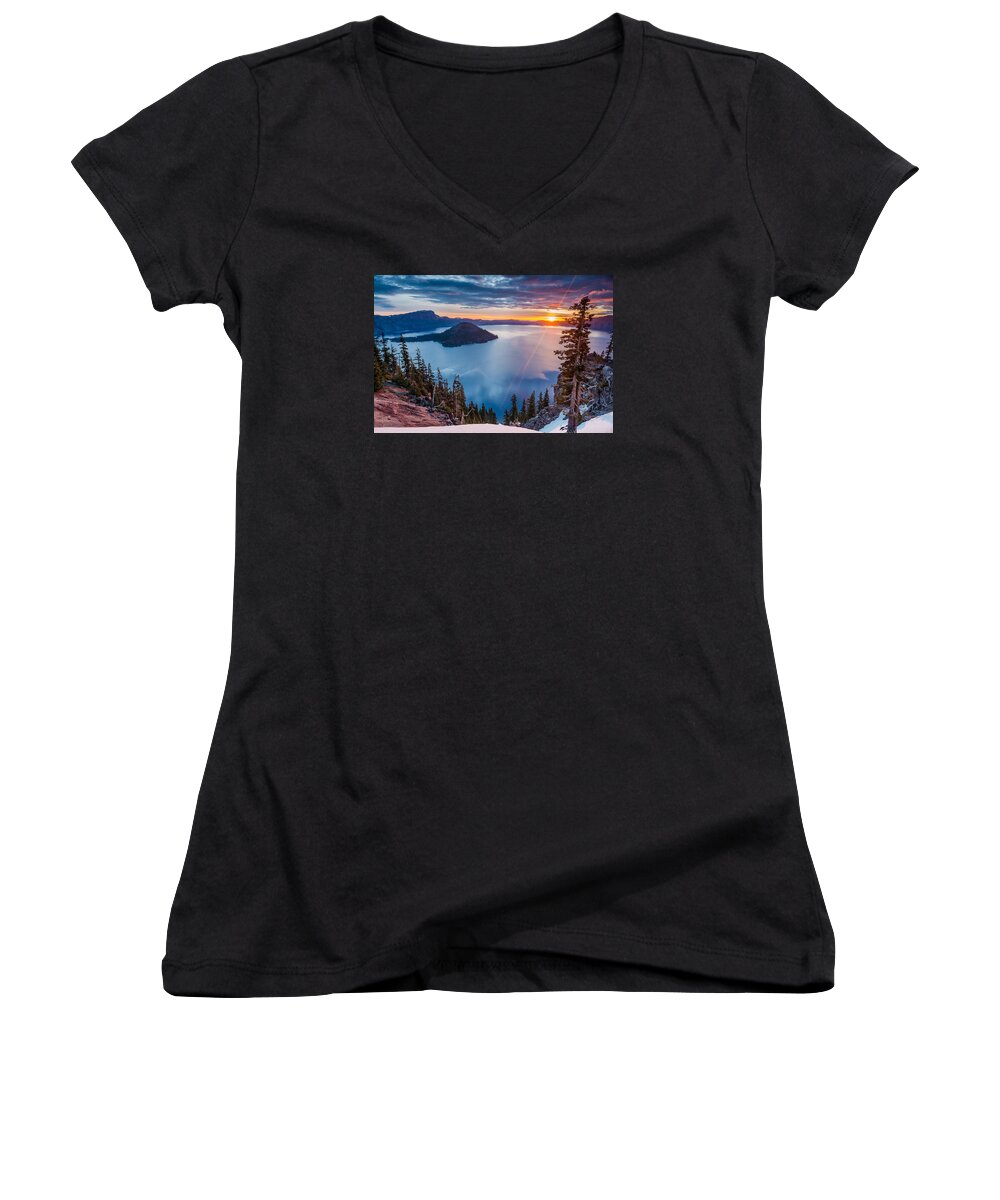 Crater Lake Women's V-Neck featuring the photograph 2015 Spring Sunrise from Discovery Point by Greg Nyquist