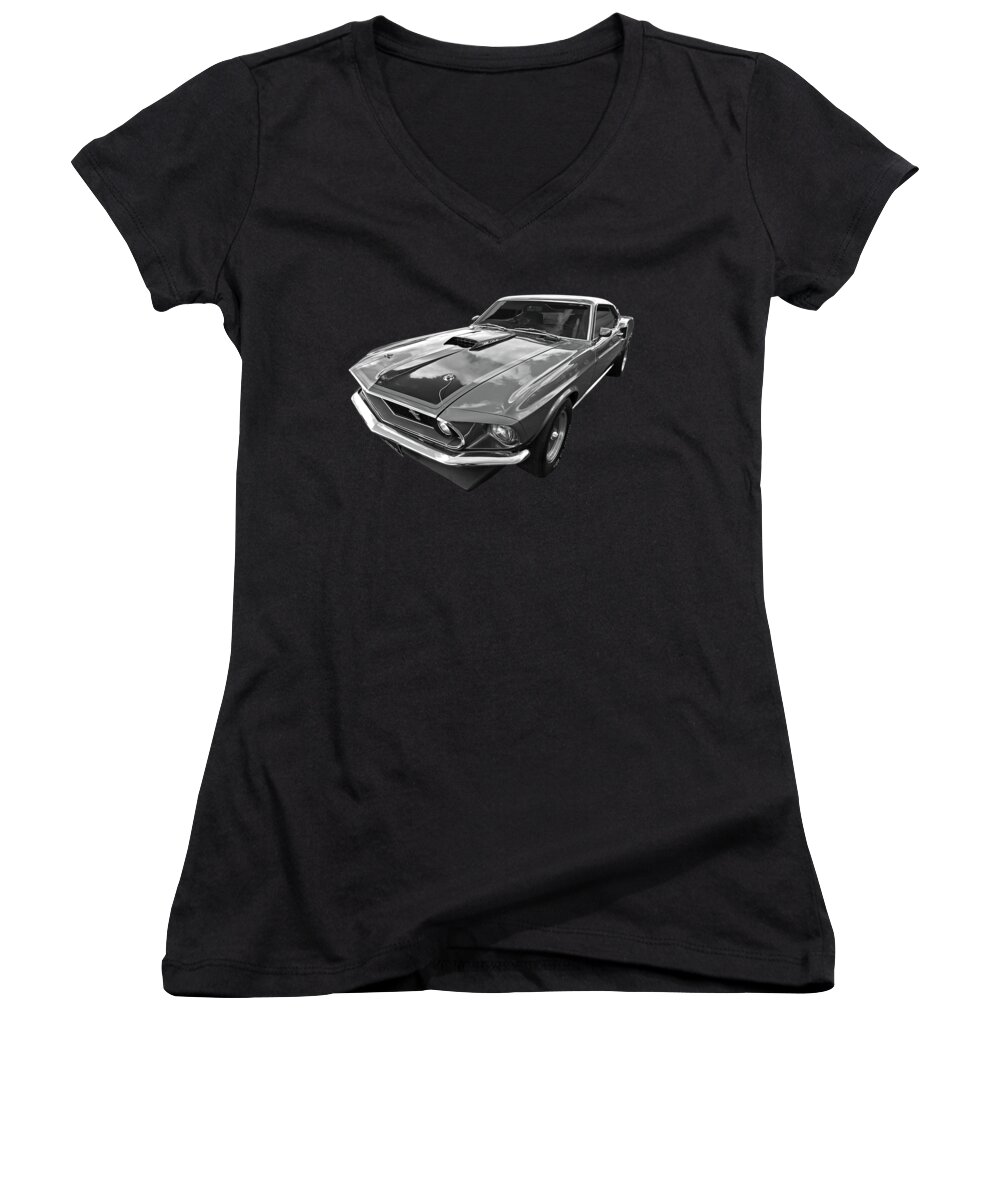 Ford Mustang Women's V-Neck featuring the photograph 428 Cobra Jet Mach1 Ford Mustang 1969 in Black and White by Gill Billington