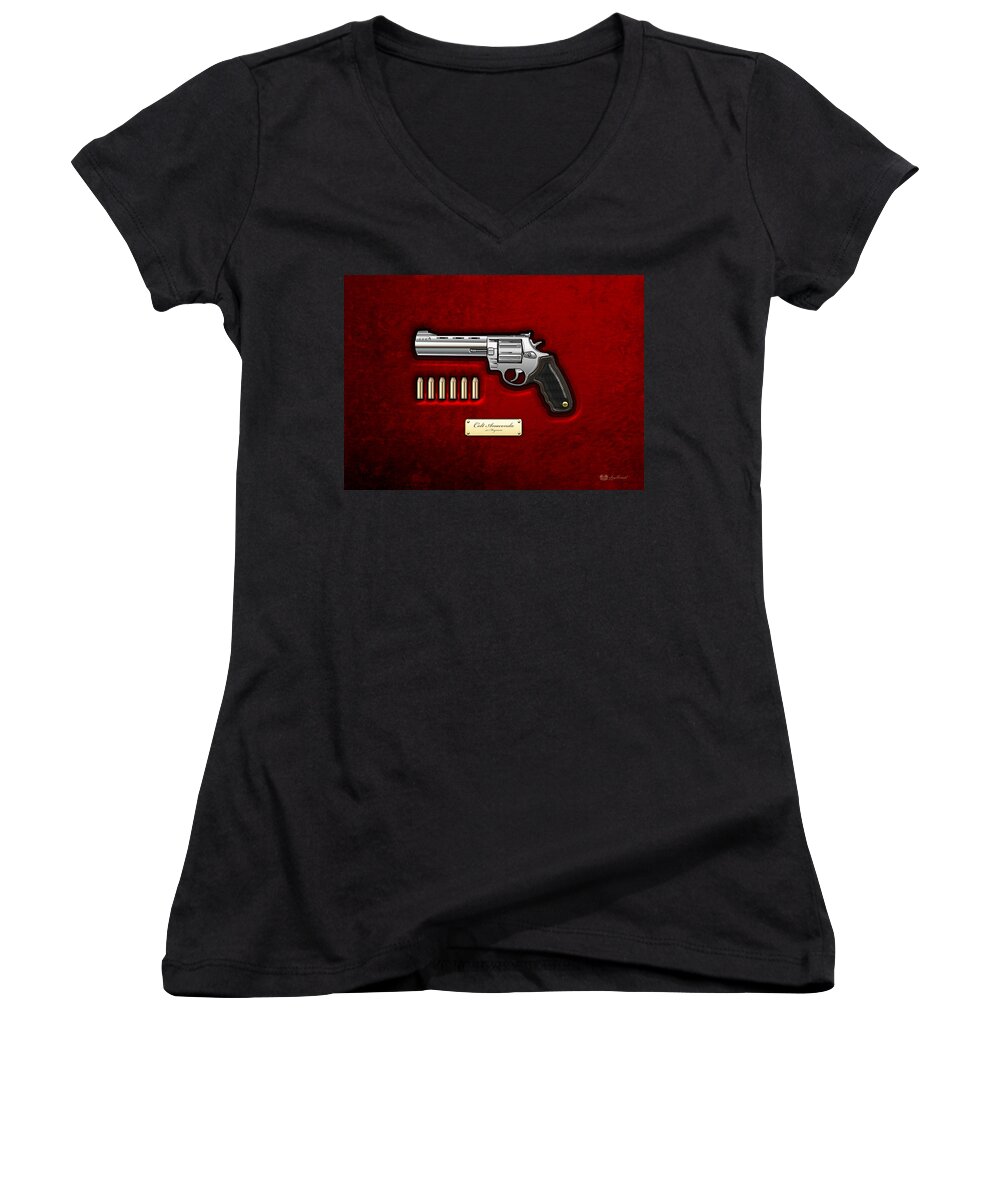 The Armory By Serge Averbukh Women's V-Neck featuring the photograph .44 Magnum Colt Anaconda on Red Velvet #44 by Serge Averbukh
