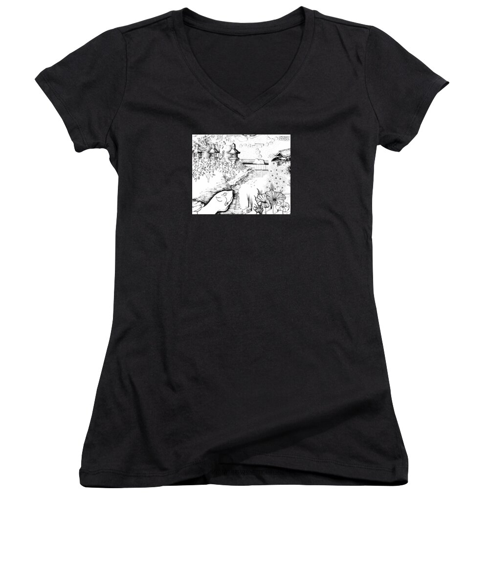 Sustainability Women's V-Neck featuring the drawing 5.27.Japan-6-detail-b by Charlie Szoradi