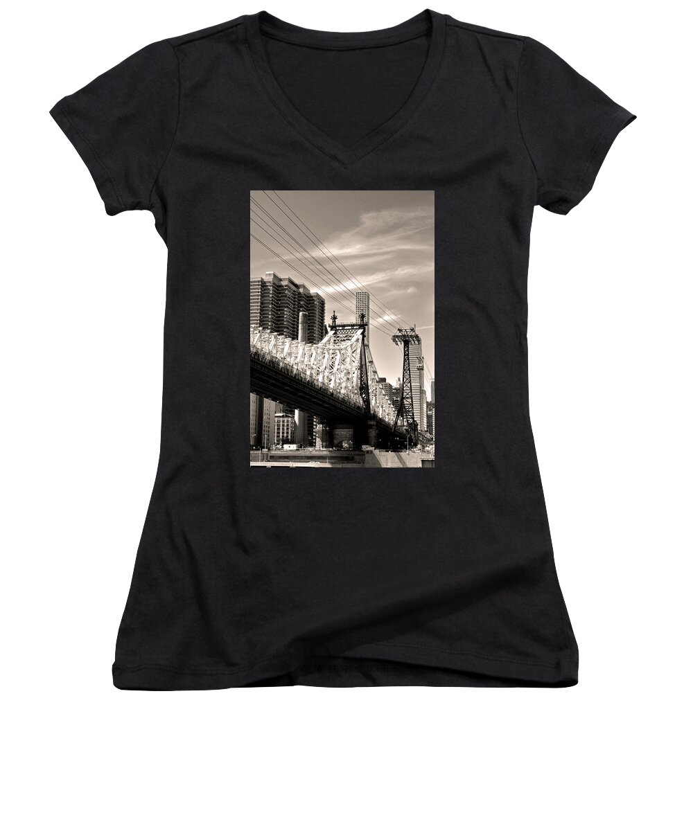 Roosevelt Island Women's V-Neck featuring the photograph 59th Street Bridge No. 4-1 by Sandy Taylor
