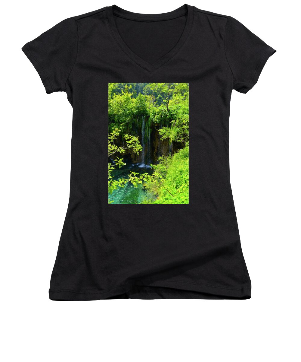 Green Women's V-Neck featuring the photograph Waterfall in Plitvice National Park in Croatia #8 by Brandon Bourdages