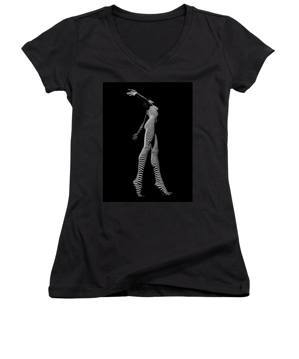 Zebra Women's V-Neck featuring the photograph 9825-DJA Black and White Zebra Striped Woman Unique Perspective Fine Art Photograph by Chris Maher by Chris Maher