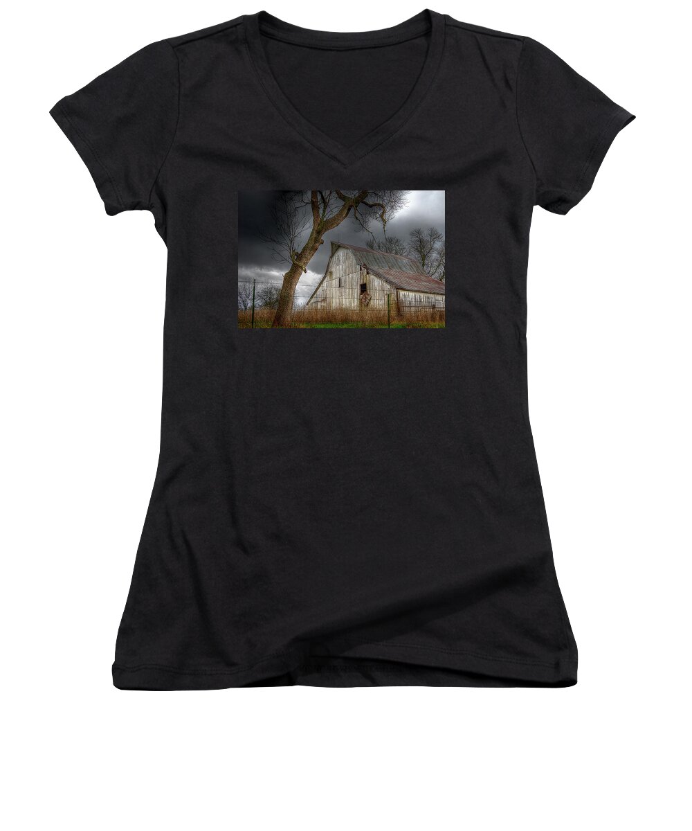 Spring Storm Women's V-Neck featuring the photograph A Barn in the Storm 2 by Karen McKenzie McAdoo