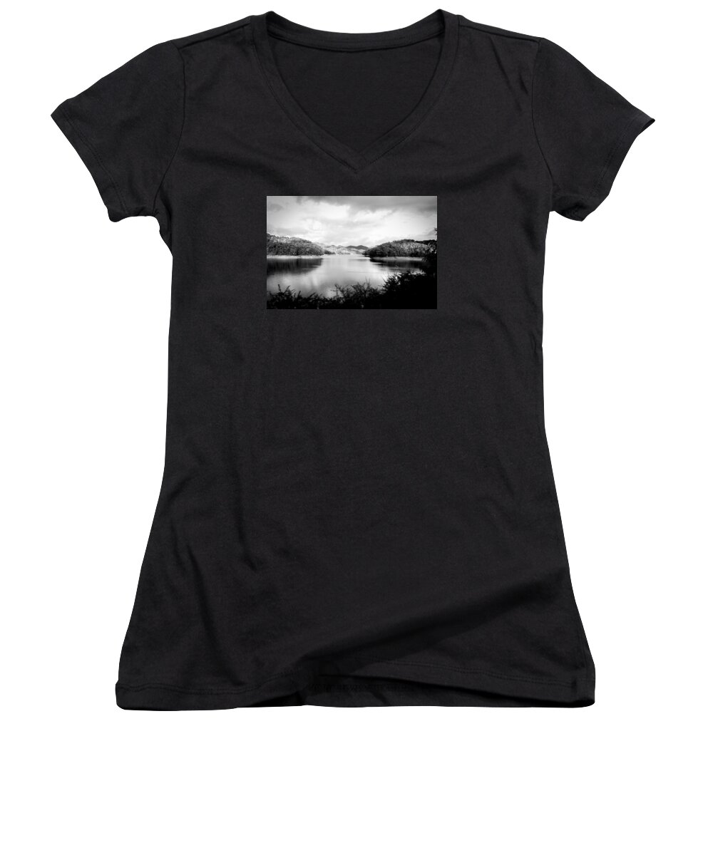 Kelly Hazel Women's V-Neck featuring the photograph A Black and White Landscape on the Nantahala River by Kelly Hazel