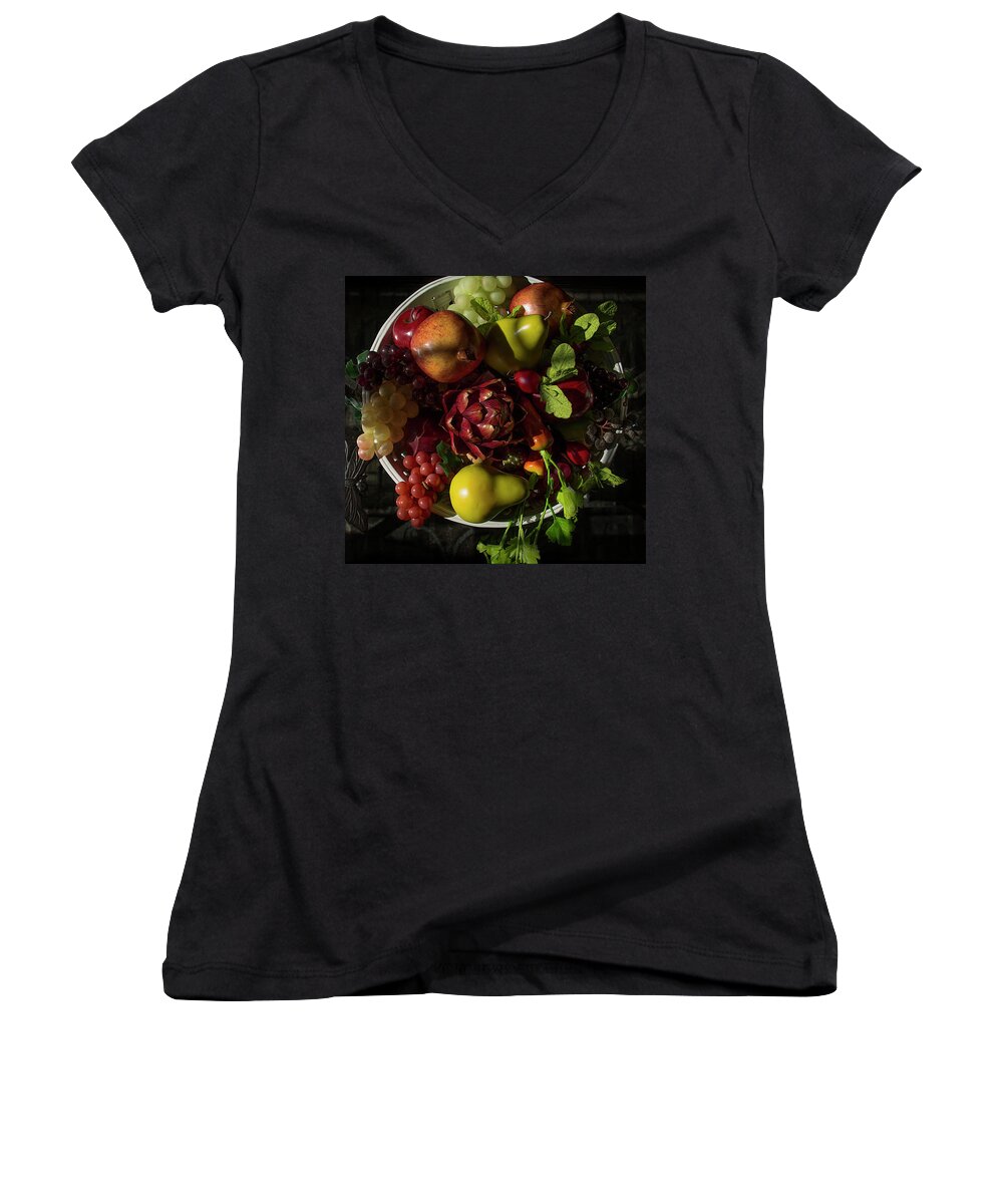 Chiaroscuro Women's V-Neck featuring the photograph A Plate of Fruits by Yvonne Wright