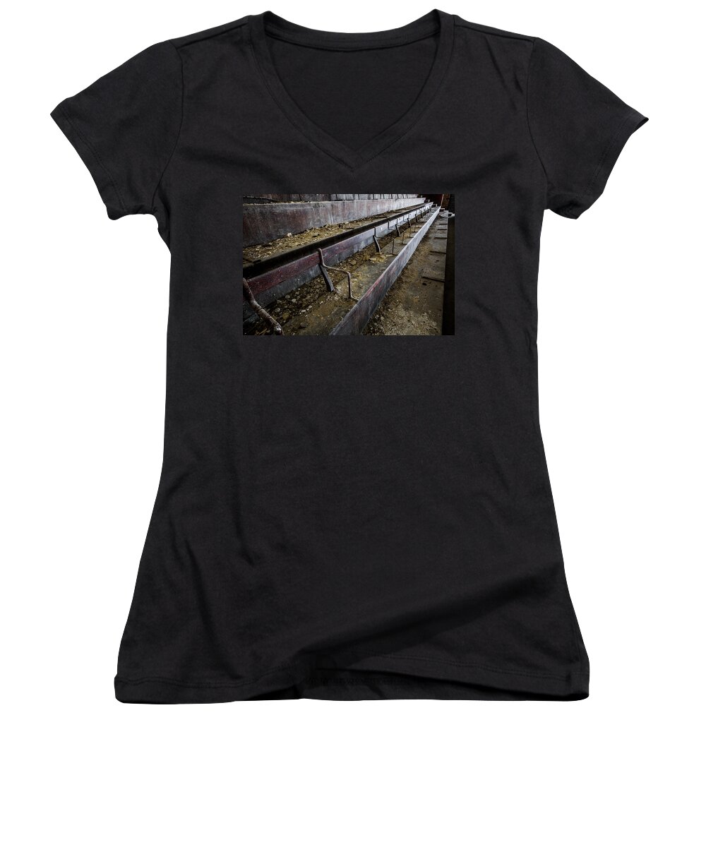 Theater Varia Women's V-Neck featuring the photograph Abandoned theatre steps - architectual abstract by Dirk Ercken