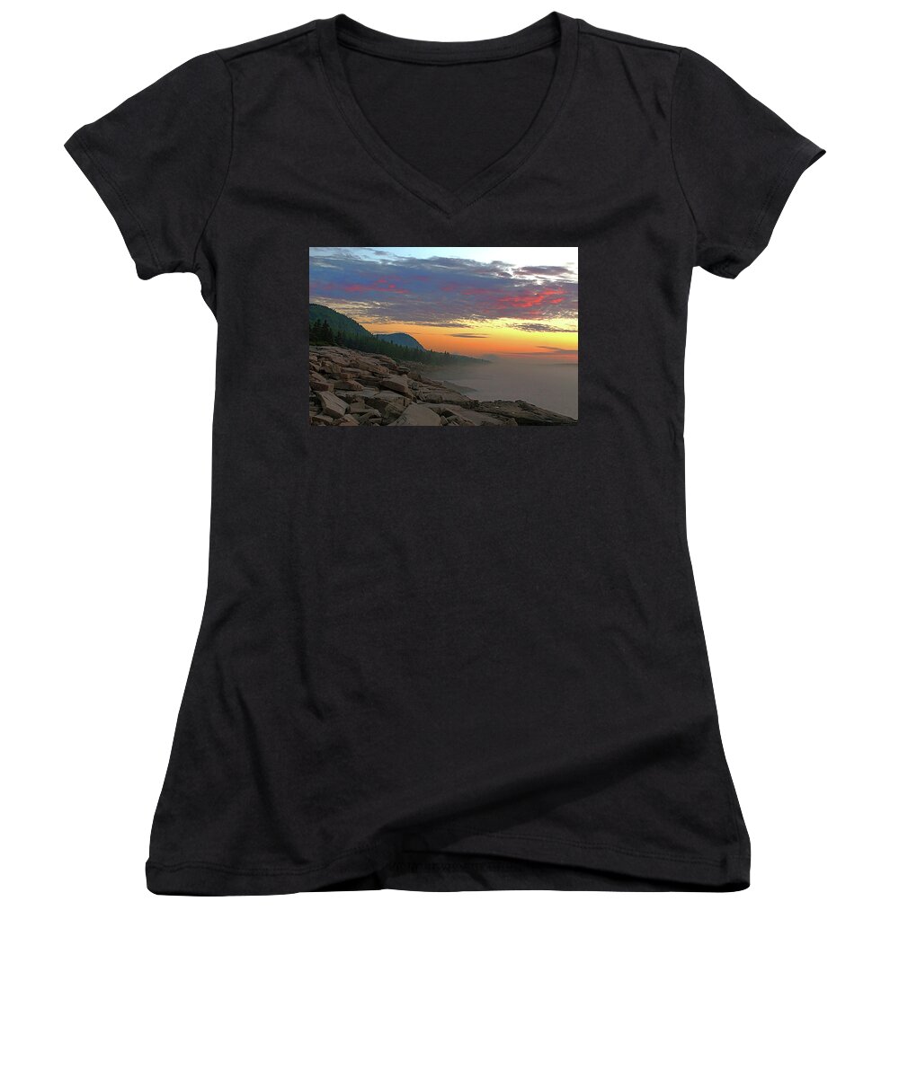 Acadia National Park Women's V-Neck featuring the photograph Acadia Sunrise by Jeff Heimlich