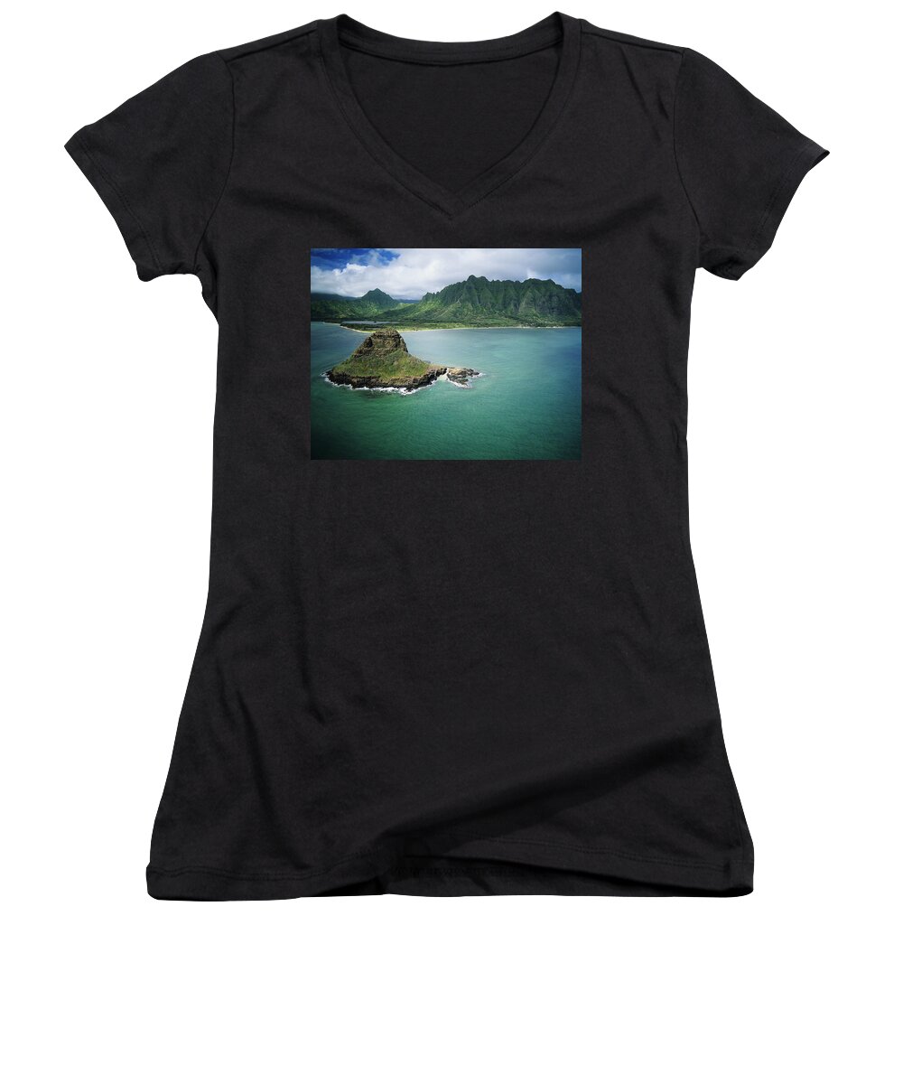 Aerial Women's V-Neck featuring the photograph Aerial of Chinamans Hat by Peter French - Printscapes