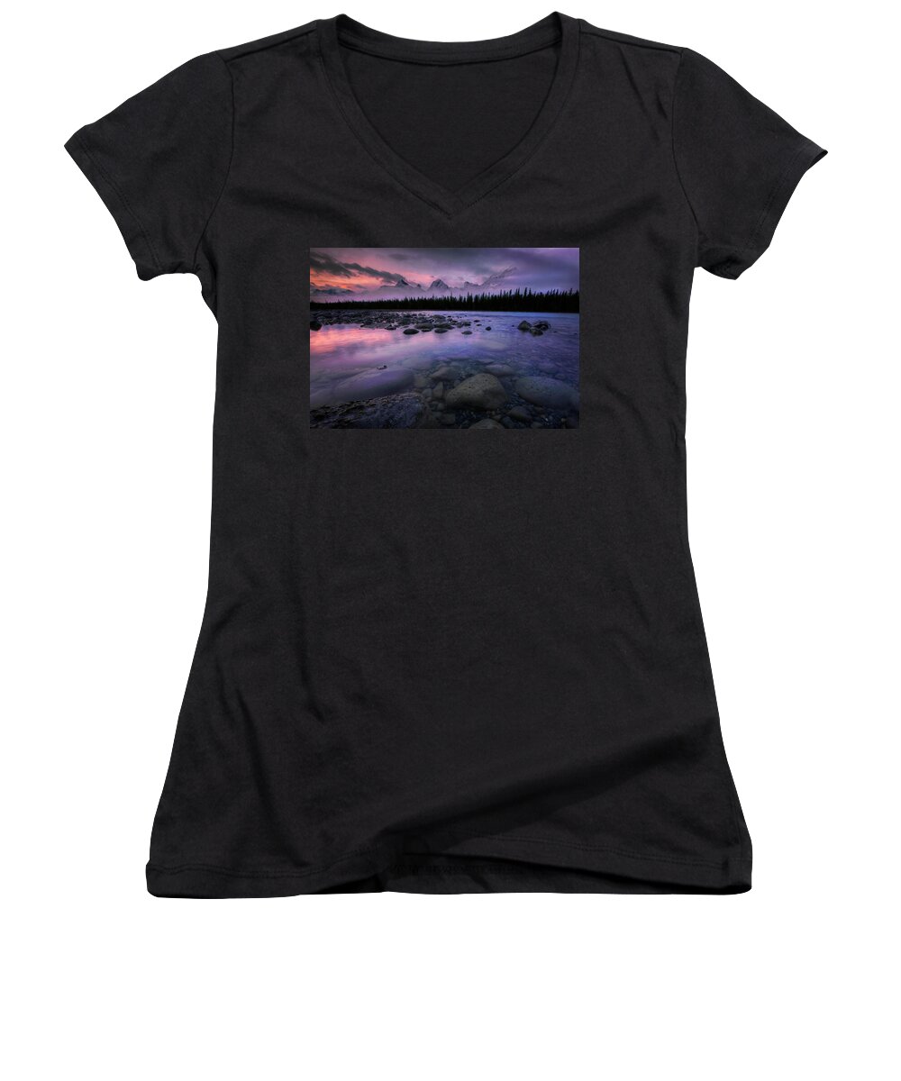River Women's V-Neck featuring the photograph Along The Athabasca by Dan Jurak