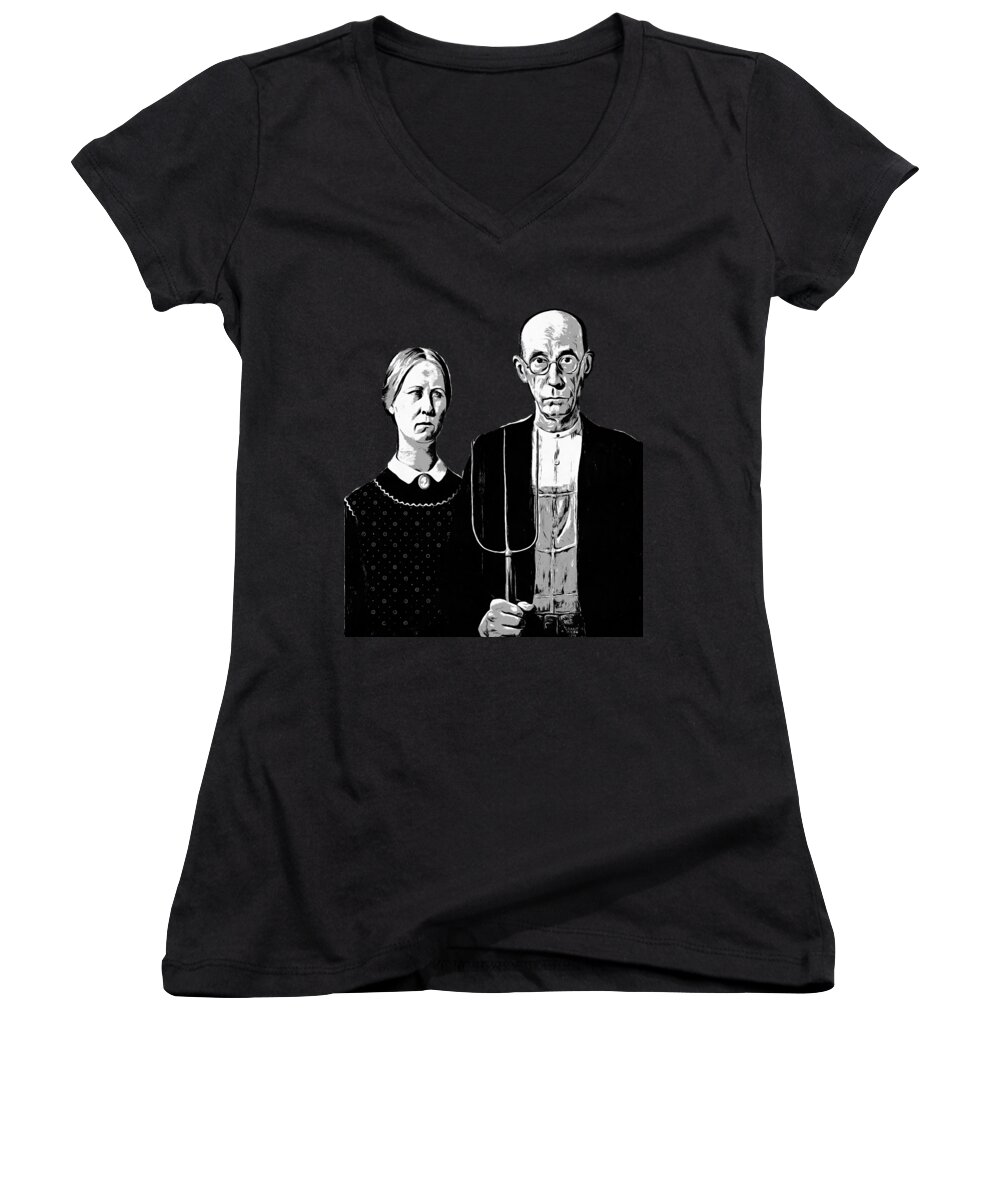 Tee Women's V-Neck featuring the digital art American Gothic Graphic Grant Wood Black White tee by Edward Fielding