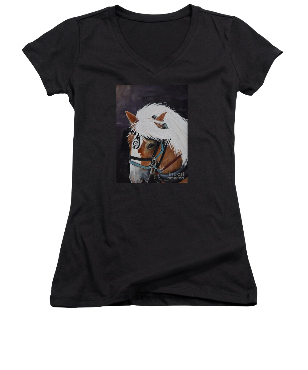 Horse Women's V-Neck featuring the painting Amos - Haflinger - Horse by Jan Dappen