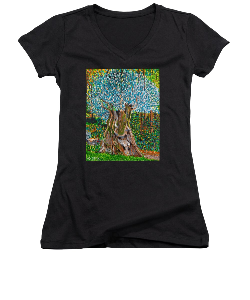 Olive Women's V-Neck featuring the painting Ancient Olive Tree by Valerie Ornstein