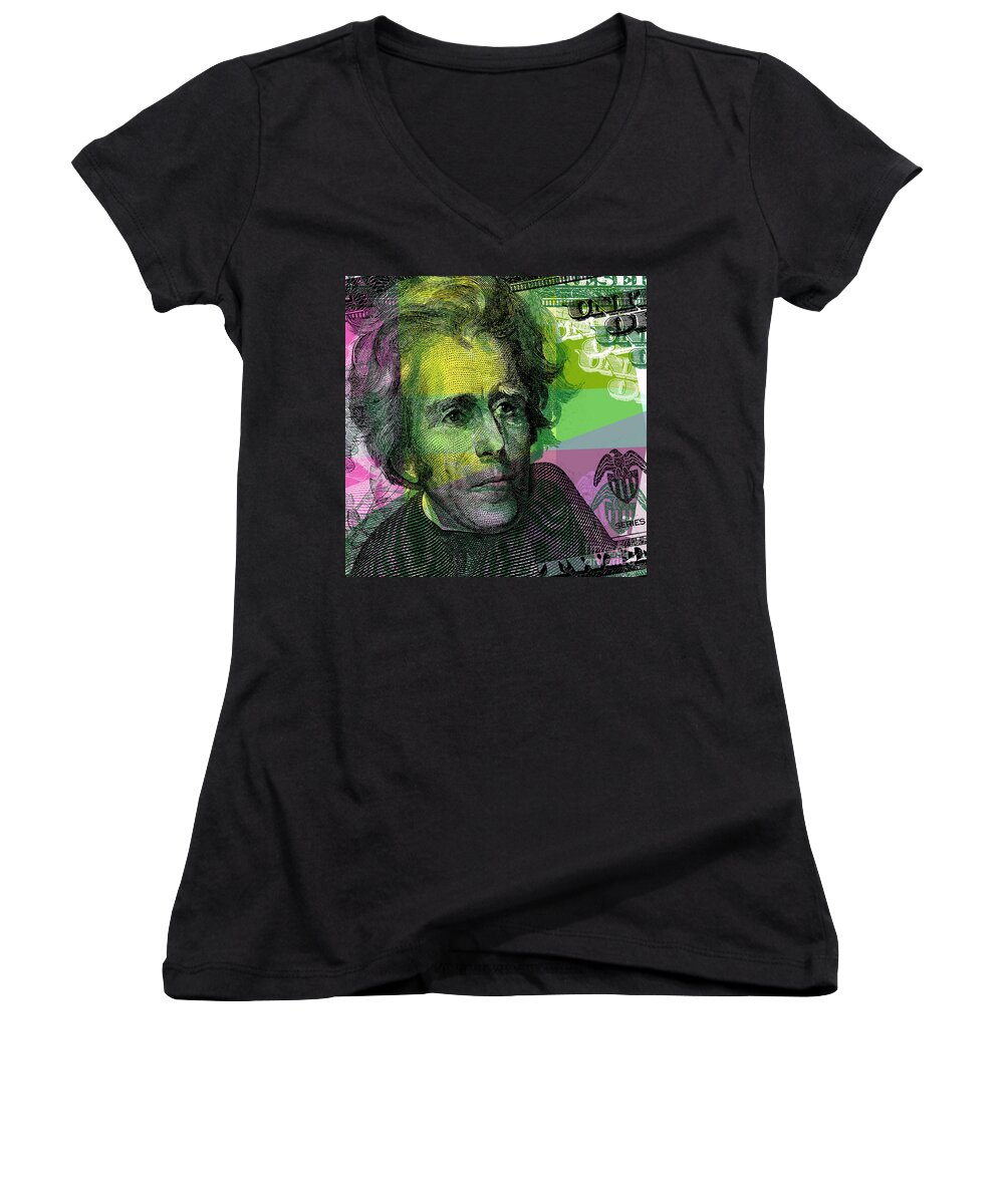 Andrew Jackson Women's V-Neck featuring the digital art Andrew Jackson - $20 bill by Jean luc Comperat