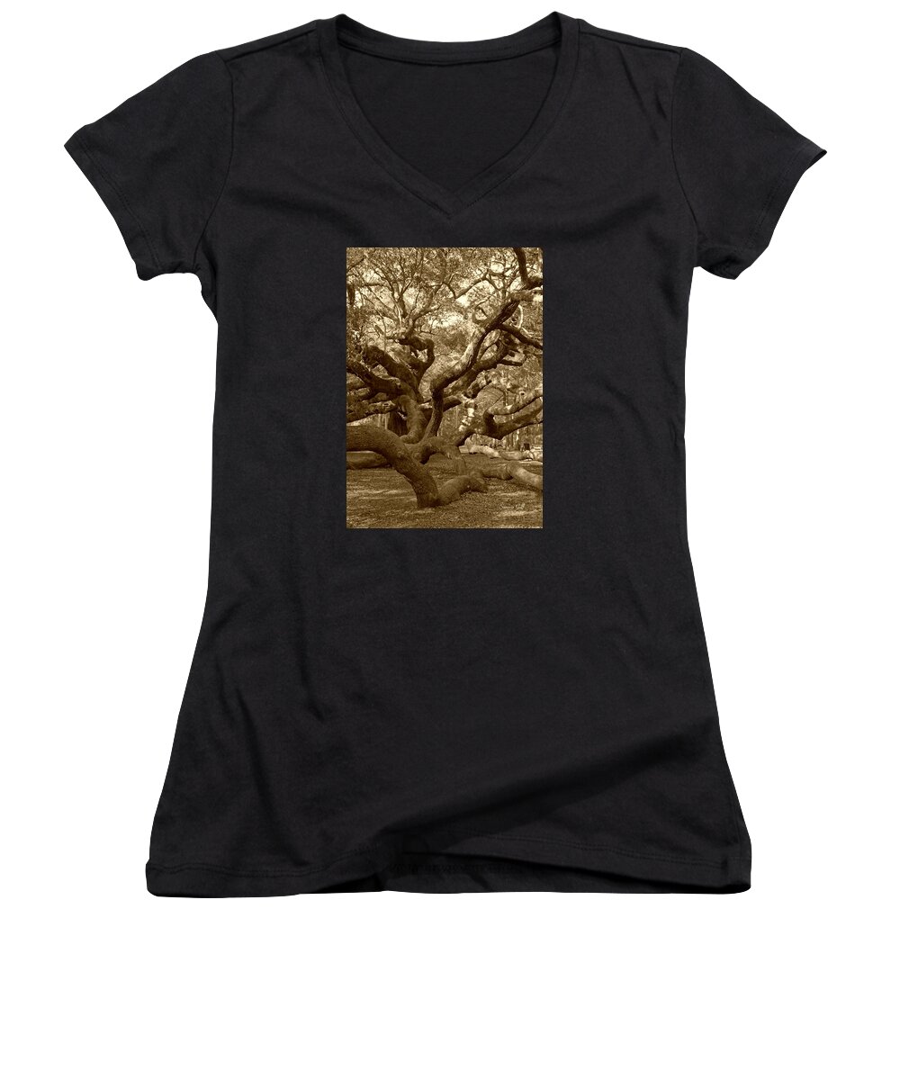 Sepia Women's V-Neck featuring the photograph Angel Oak in Sepia by Suzanne Gaff