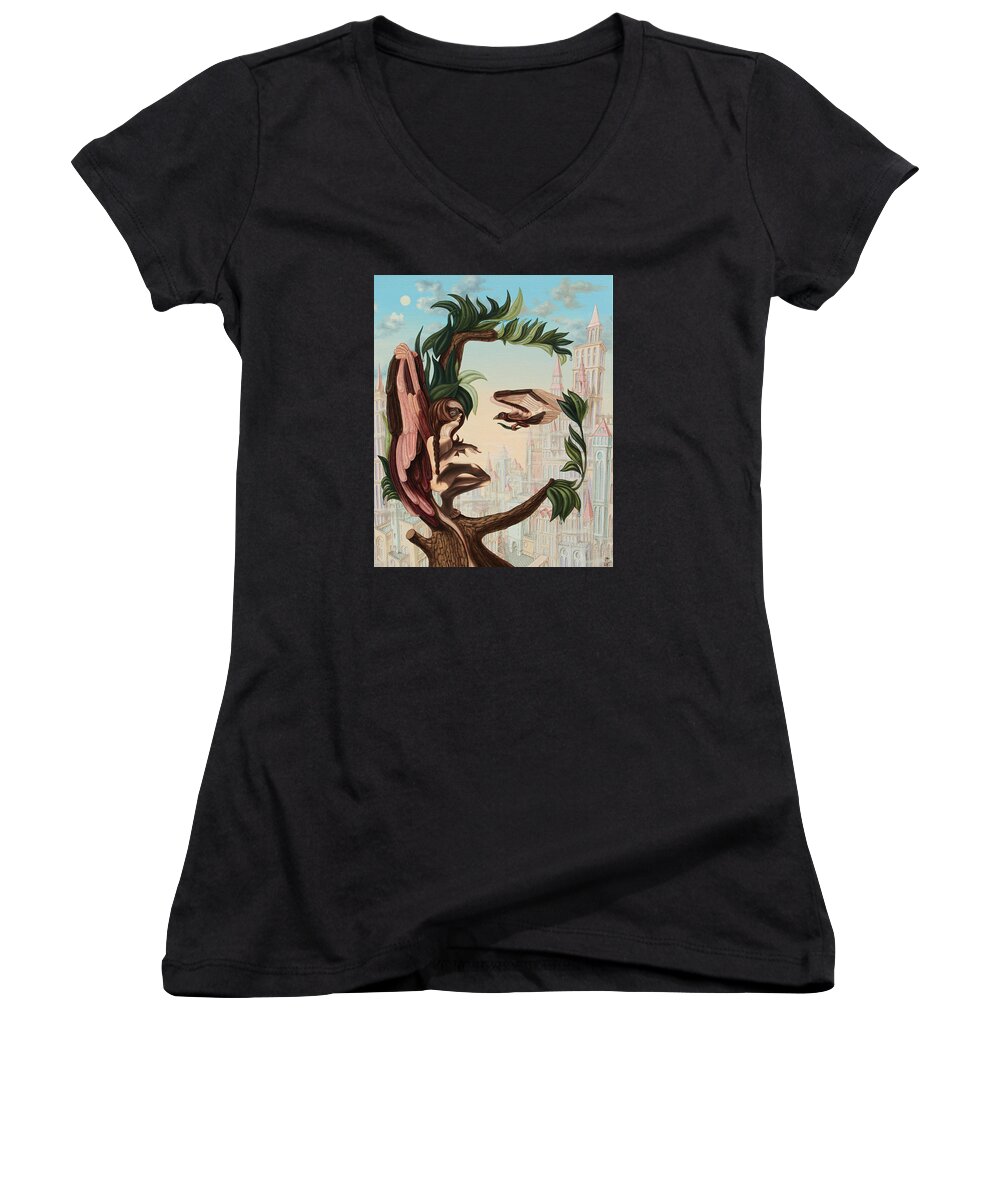 Marilyn Women's V-Neck featuring the painting Angel, watching the reincarnation of Marilyn Monroe on the Swinging City Towers by Victor Molev