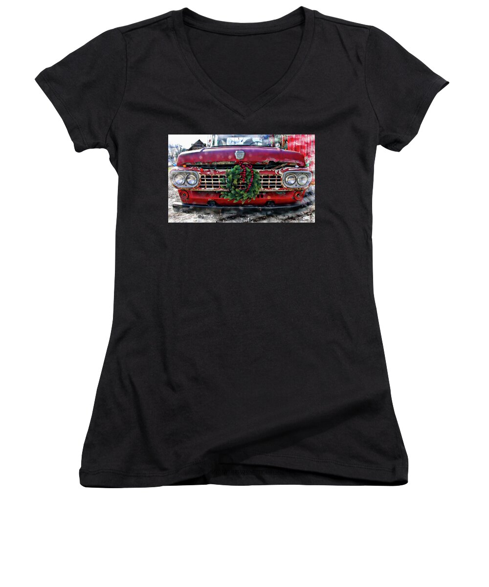 Photography By Suzanne Stout Women's V-Neck featuring the photograph Antique Ford Christmas by Suzanne Stout