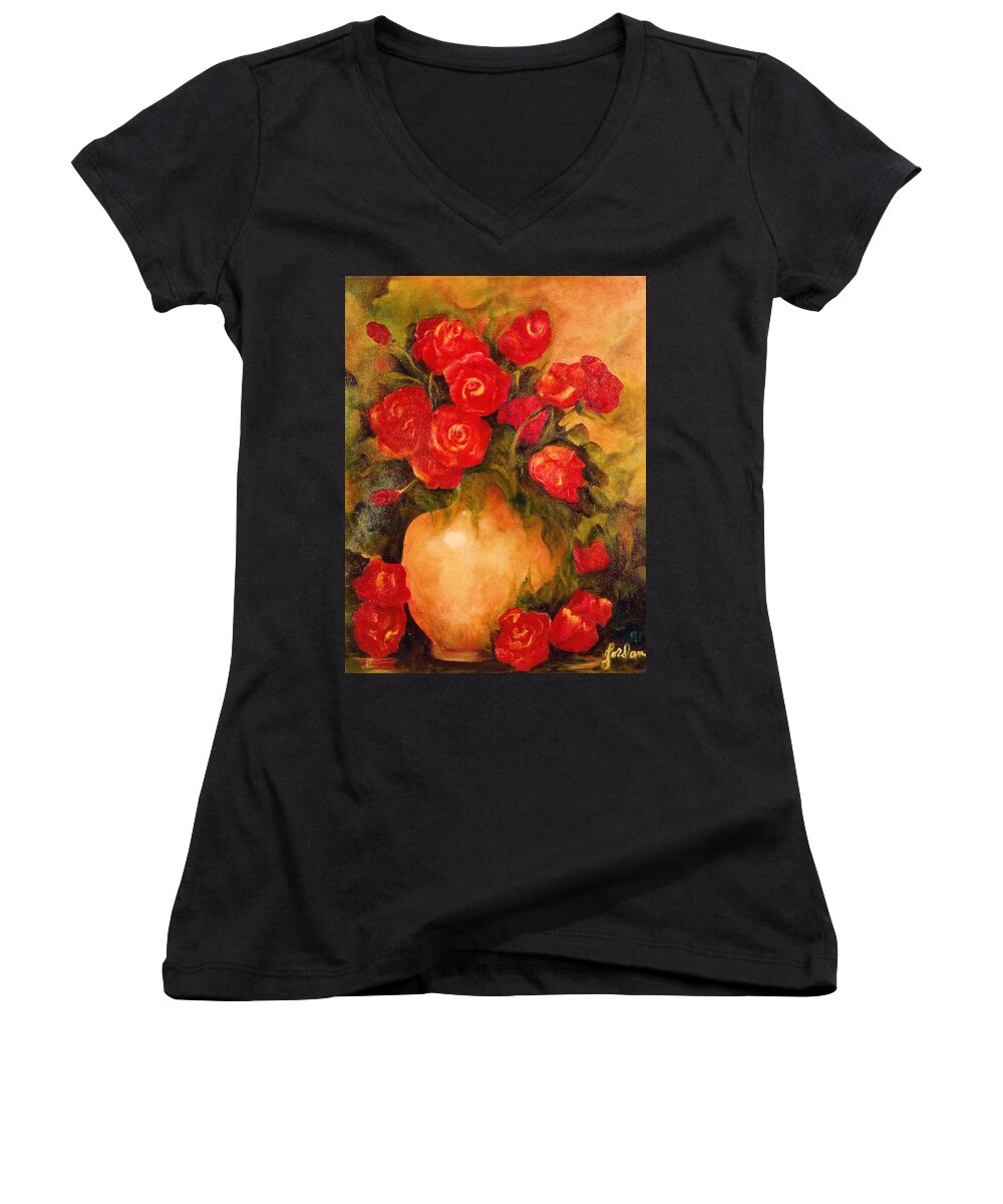 Red Roses In Vase Women's V-Neck featuring the painting Antique Red Roses by Jordana Sands